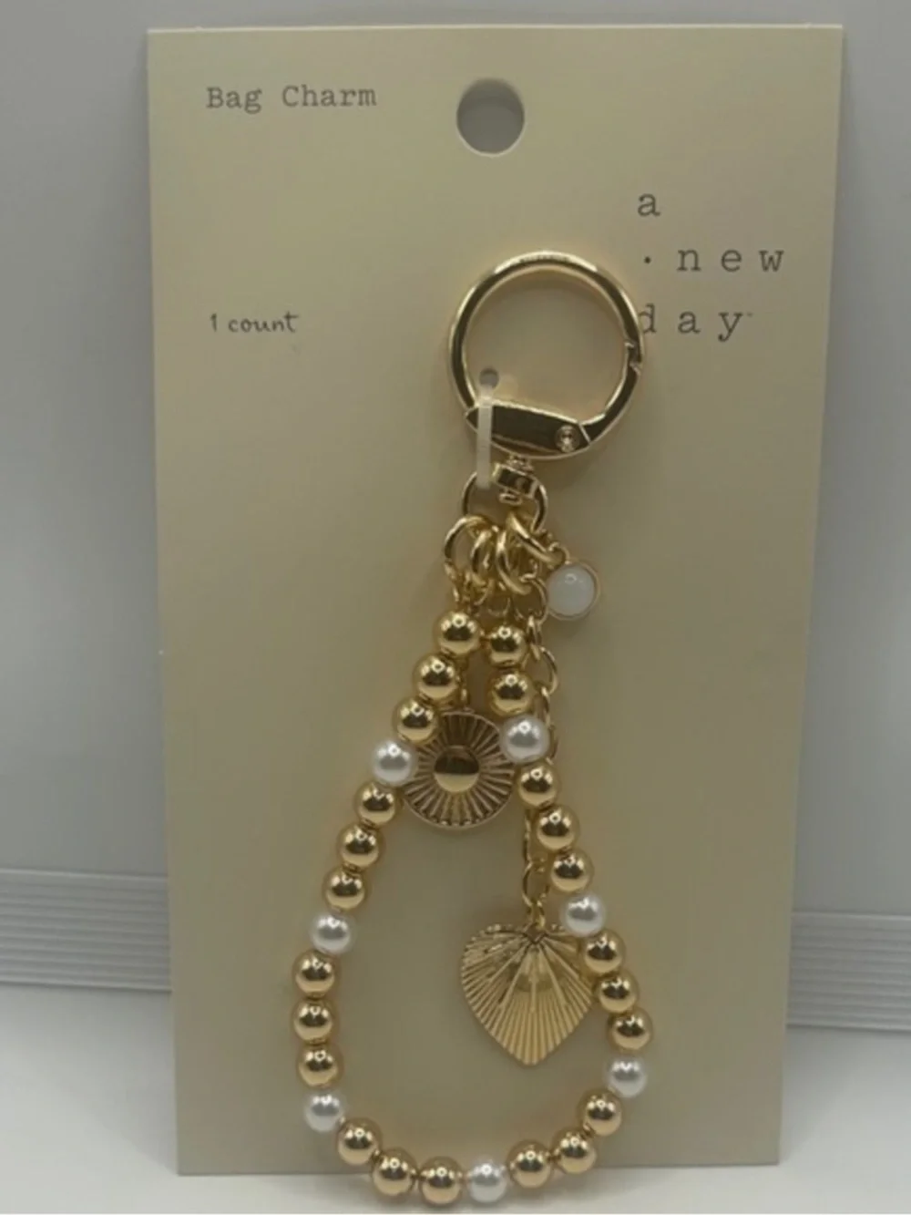 a new day Gold and White Beaded Heart Bag Charm Keychain NWT